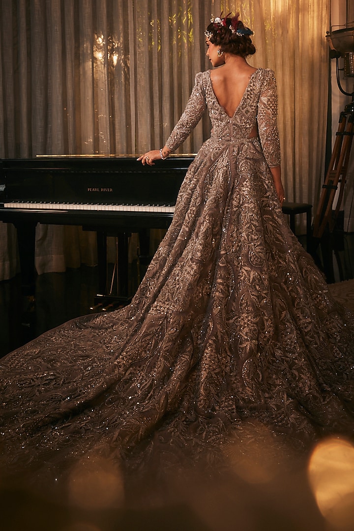 Grey Tulle Embroidered Bridal Gown by AMIT GT at Pernia's Pop Up Shop