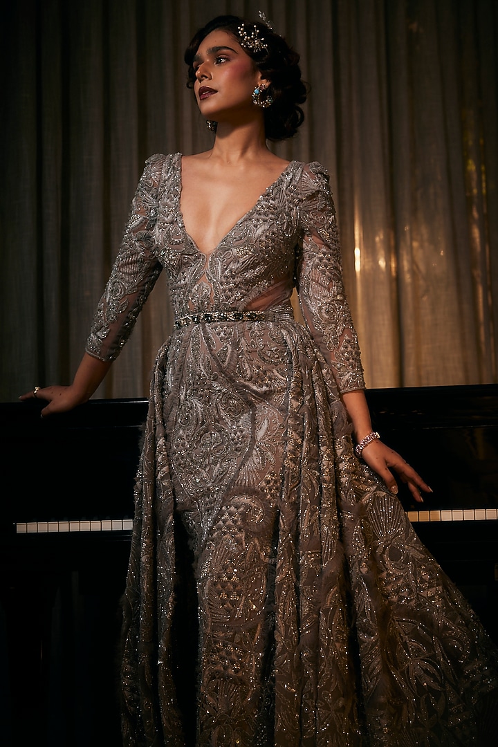 Grey Tulle Embroidered Bridal Gown by AMIT GT at Pernia's Pop Up Shop