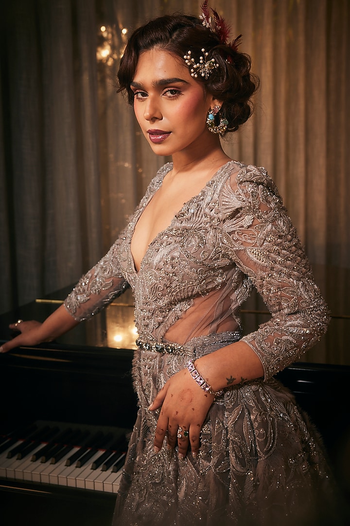 Grey Tulle Embroidered Bridal Gown by AMIT GT at Pernia's Pop Up Shop
