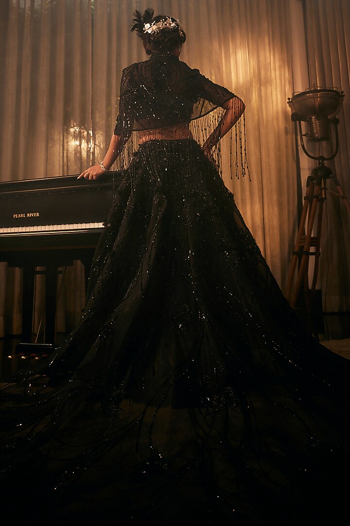 Black Tulle Floral Motif Embroidered Jacket Bridal Lehenga Set by AMIT GT at Pernia's Pop Up Shop
