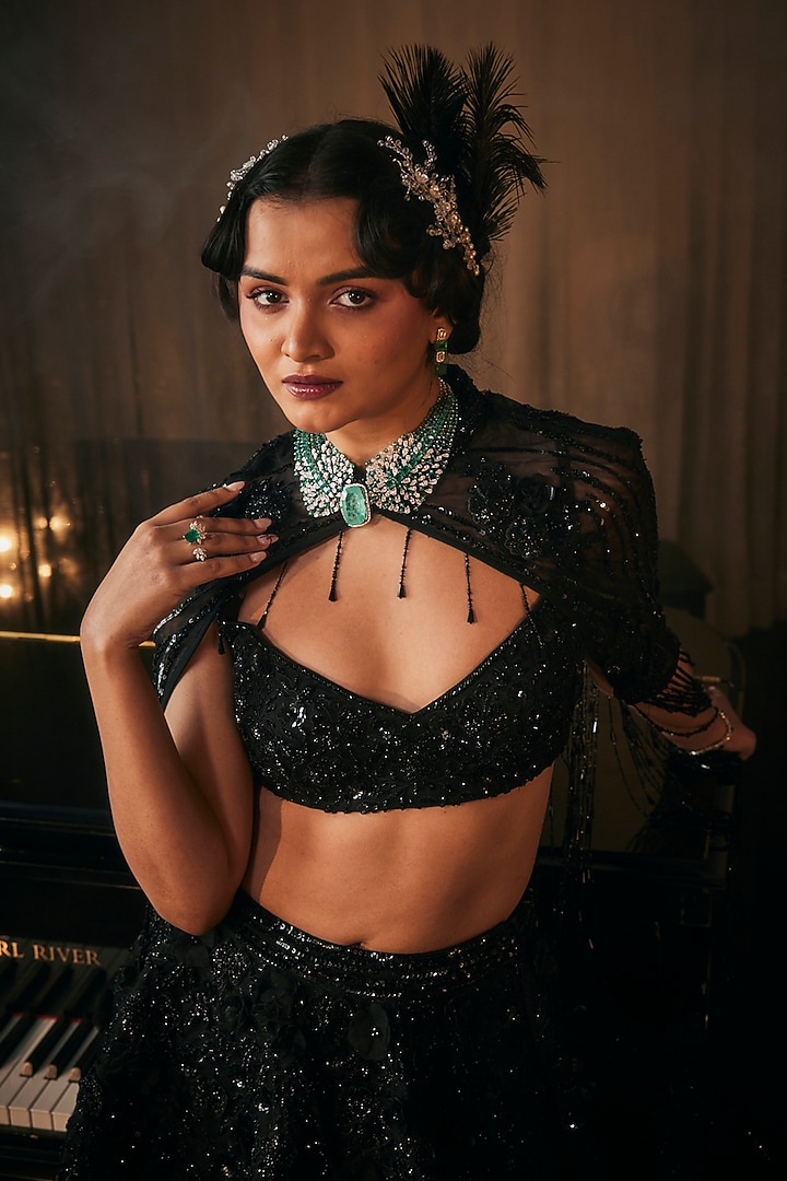 Black Tulle Floral Motif Embroidered Jacket Bridal Lehenga Set by AMIT GT at Pernia's Pop Up Shop