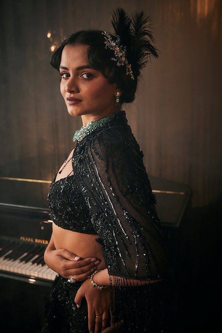 Black Tulle Floral Motif Embroidered Jacket Bridal Lehenga Set by AMIT GT at Pernia's Pop Up Shop