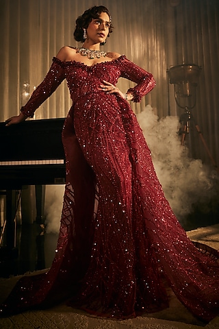 Red Tulle Embroidered Off-Shoulder Gown by AMIT GT