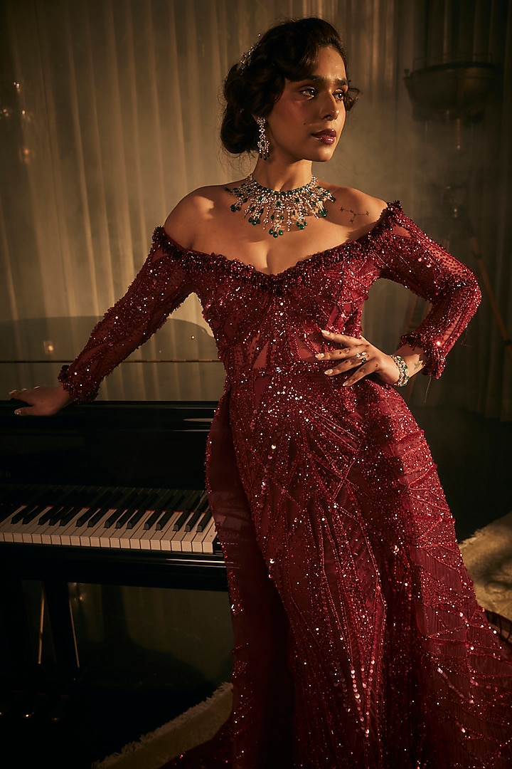 Red Tulle Embroidered Off-Shoulder Bridal Gown by AMIT GT at Pernia's Pop Up Shop