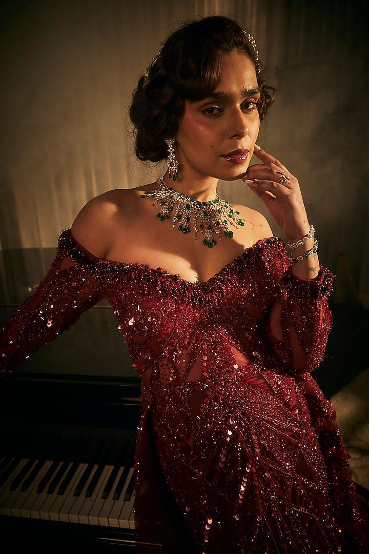 Red Tulle Embroidered Off-Shoulder Bridal Gown by AMIT GT at Pernia's Pop Up Shop