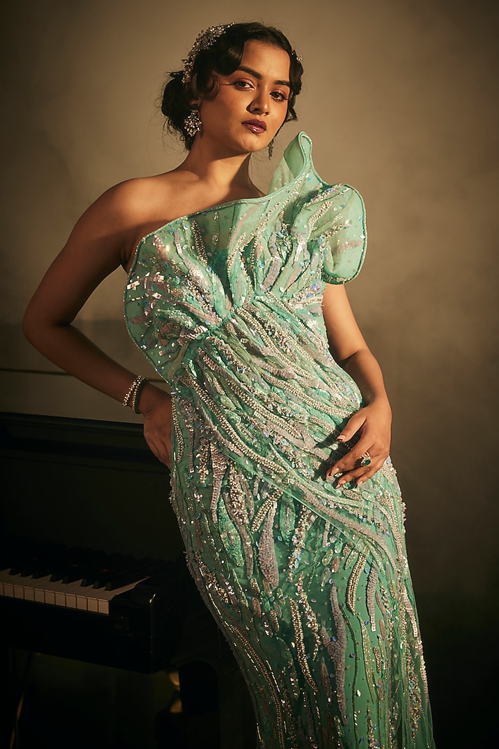 Blue Tulle Embroidered Draped Bridal Gown by AMIT GT at Pernia's Pop Up Shop