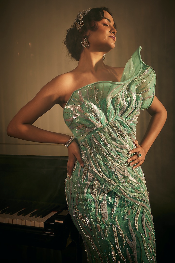 Blue Tulle Embroidered Draped Bridal Gown by AMIT GT at Pernia's Pop Up Shop