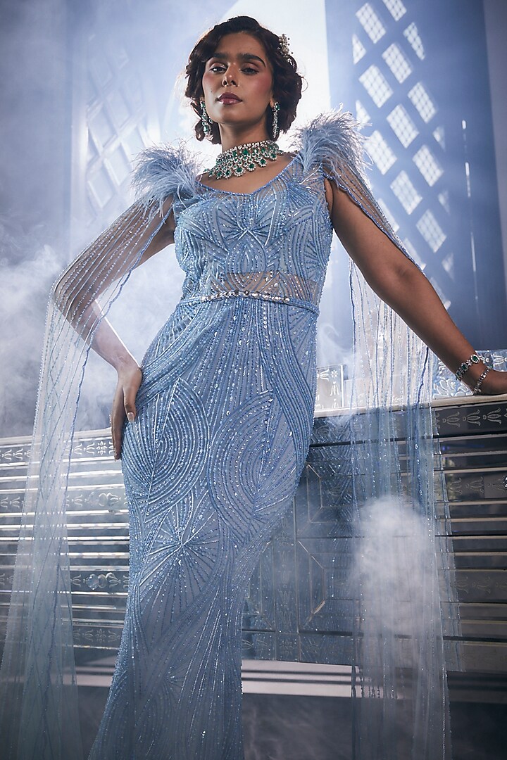 Blue Tulle Embroidered Bridal Gown by AMIT GT at Pernia's Pop Up Shop