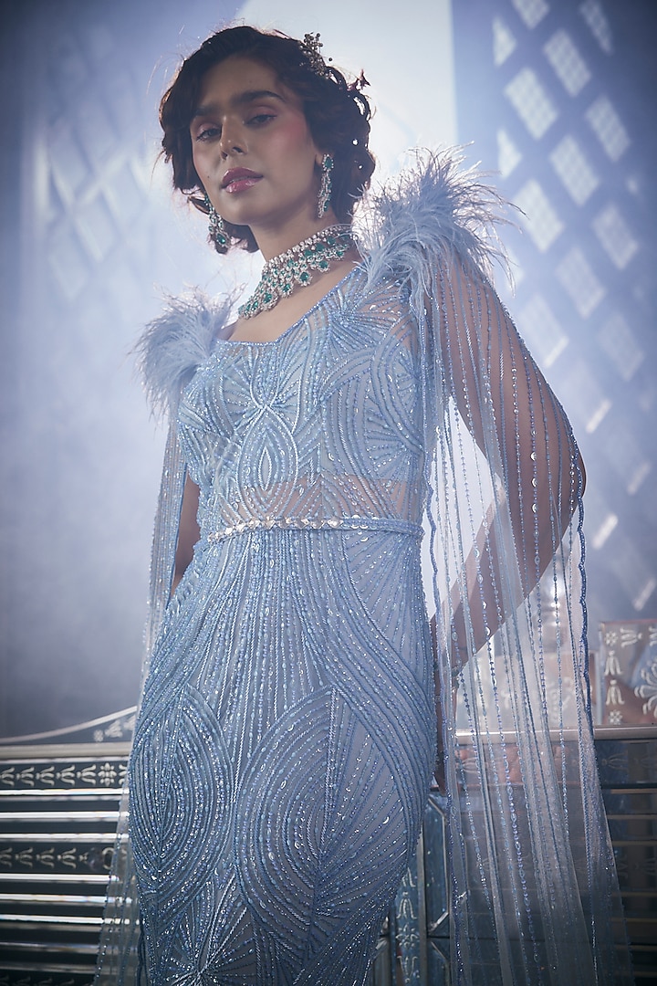 Blue Tulle Embroidered Bridal Gown by AMIT GT at Pernia's Pop Up Shop