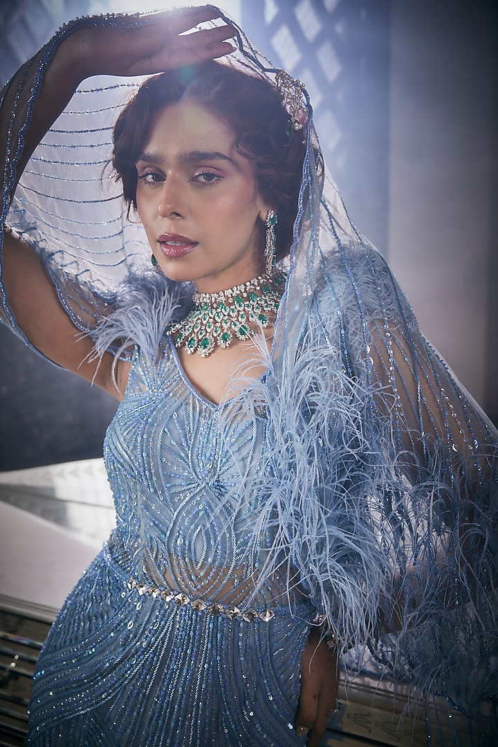 Blue Tulle Embroidered Bridal Gown by AMIT GT at Pernia's Pop Up Shop