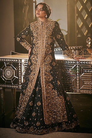 Black Tulle Cutdana Hand Embroidered Jacket Lehenga Set by AMIT GT