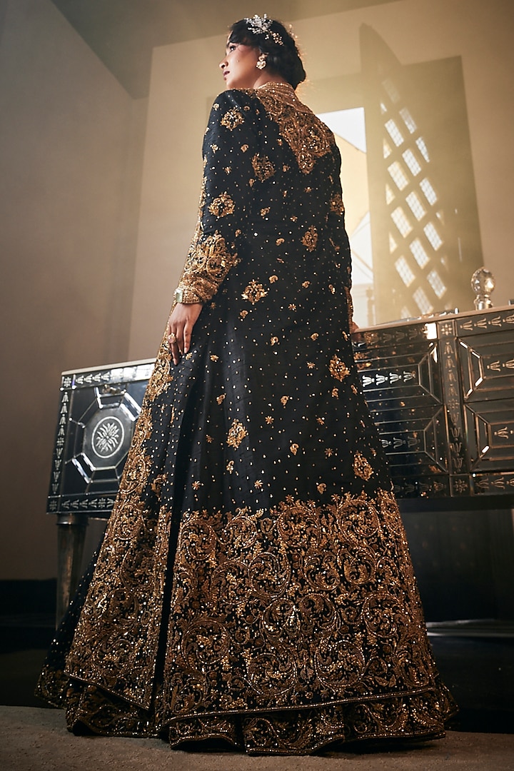 Black Tulle Cutdana Hand Embroidered Jacket Bridal Lehenga Set by AMIT GT at Pernia's Pop Up Shop