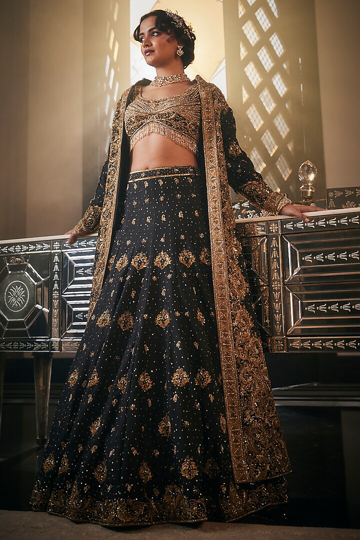 Black Tulle Cutdana Hand Embroidered Jacket Bridal Lehenga Set by AMIT GT at Pernia's Pop Up Shop
