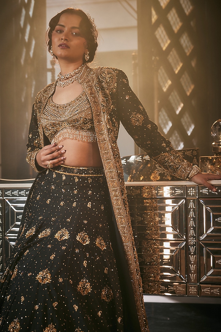 Black Tulle Cutdana Hand Embroidered Jacket Bridal Lehenga Set by AMIT GT at Pernia's Pop Up Shop