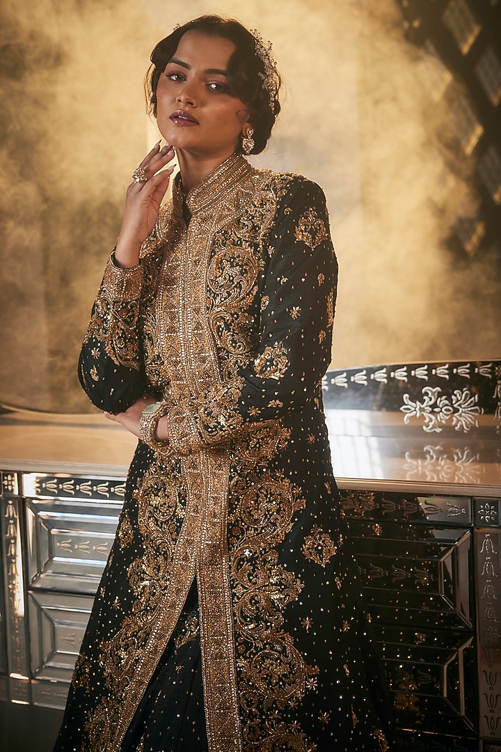 Black Tulle Cutdana Hand Embroidered Jacket Bridal Lehenga Set by AMIT GT at Pernia's Pop Up Shop