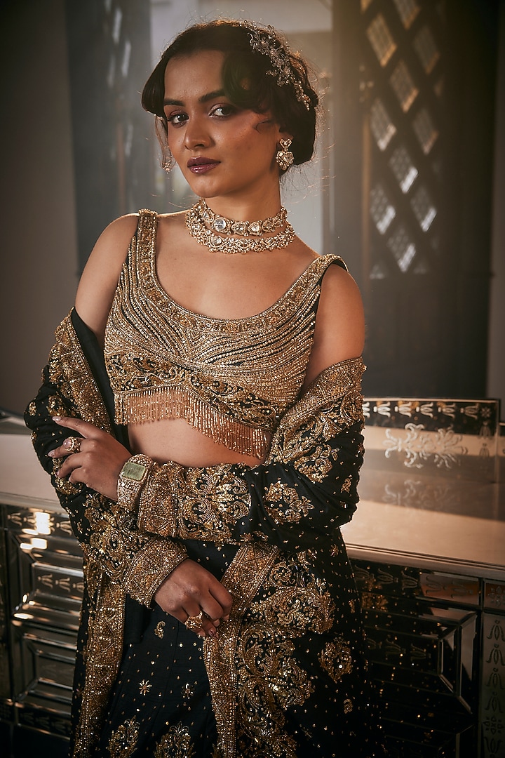 Black Tulle Cutdana Hand Embroidered Jacket Bridal Lehenga Set by AMIT GT at Pernia's Pop Up Shop