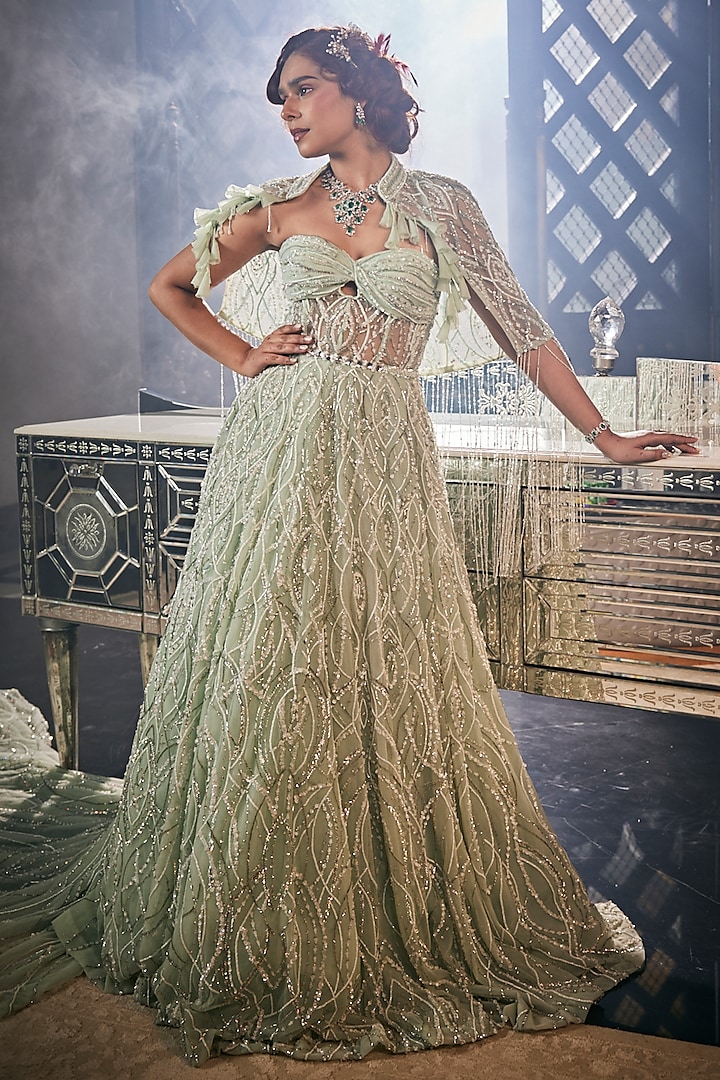 Green Tulle Embroidered Cape Gown by AMIT GT at Pernia's Pop Up Shop