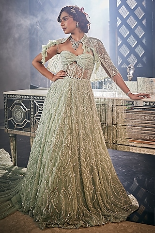 Green Tulle Embroidered Cape Gown by AMIT GT