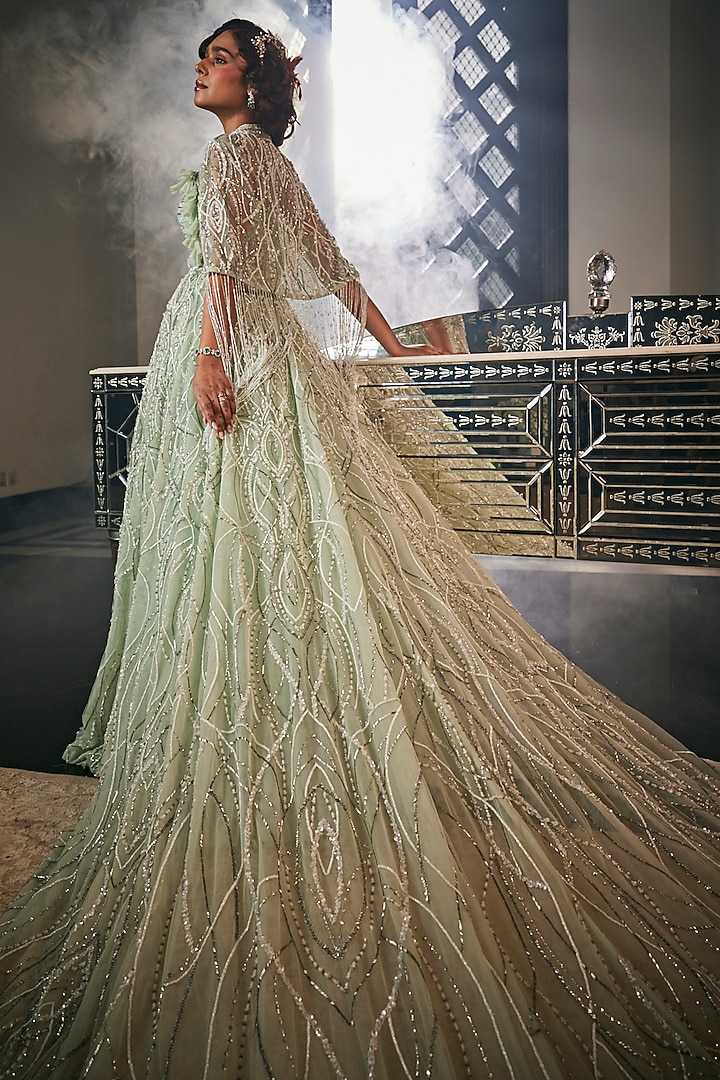 Green Tulle Embroidered Cape Bridal Gown by AMIT GT at Pernia's Pop Up Shop