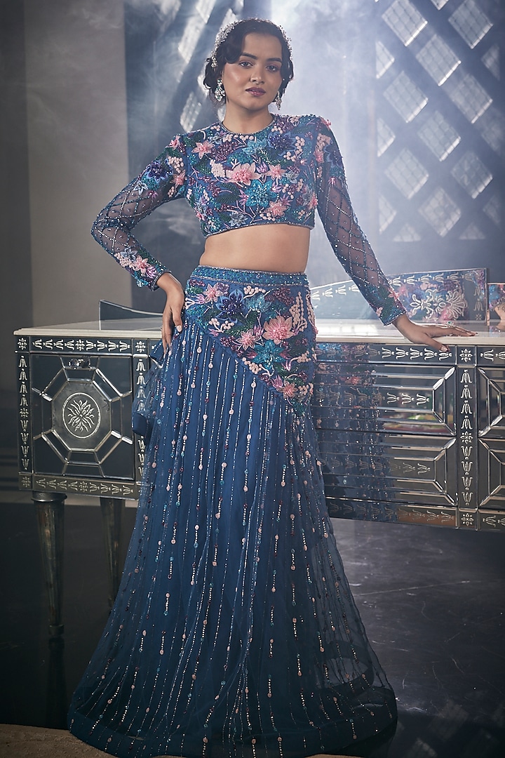 Teal Blue Tulle Embroidered Bridal Lehenga Set by AMIT GT at Pernia's Pop Up Shop