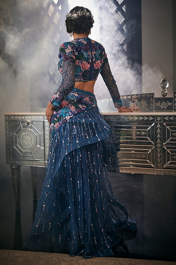Teal Blue Tulle Embroidered Bridal Lehenga Set by AMIT GT at Pernia's Pop Up Shop