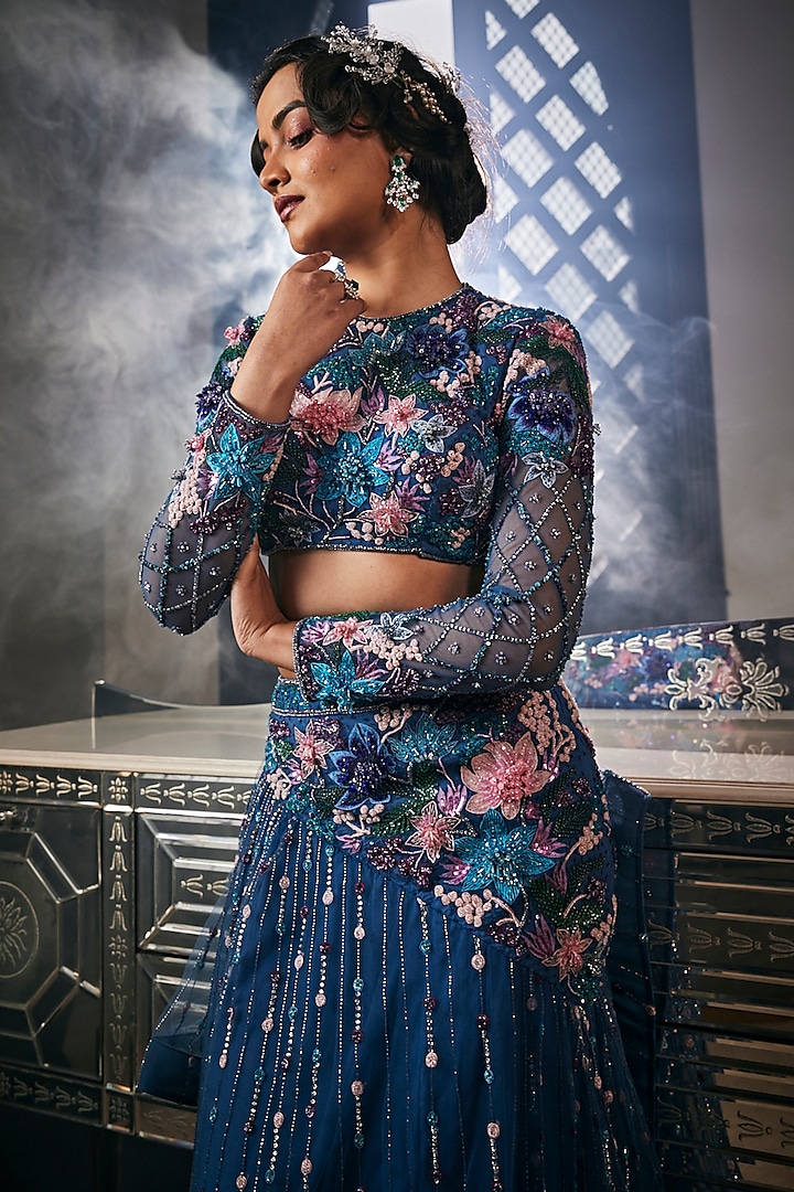 Teal Blue Tulle Embroidered Bridal Lehenga Set by AMIT GT at Pernia's Pop Up Shop