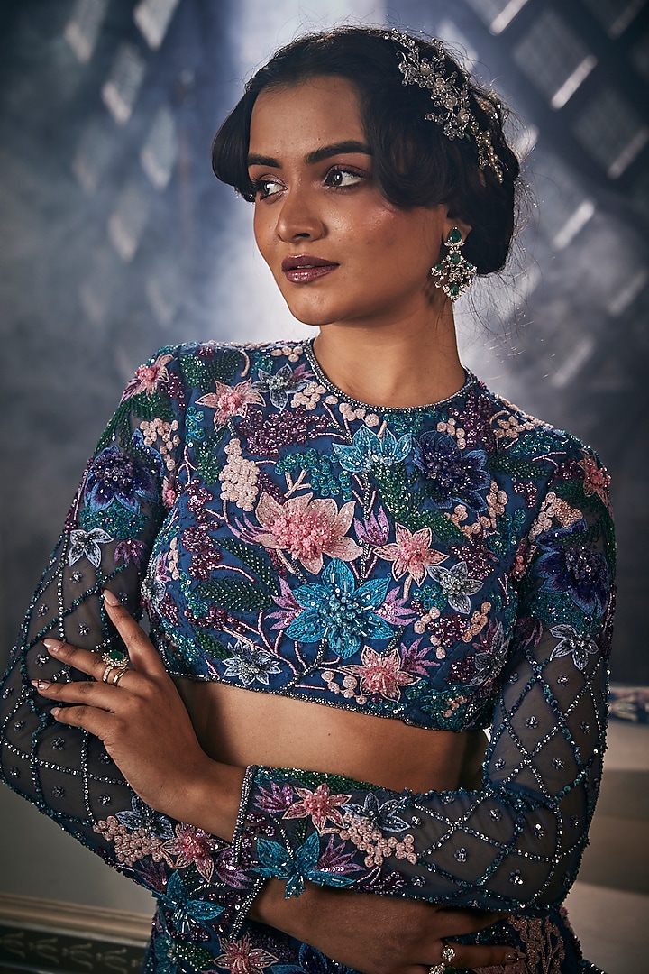 Teal Blue Tulle Embroidered Bridal Lehenga Set by AMIT GT at Pernia's Pop Up Shop