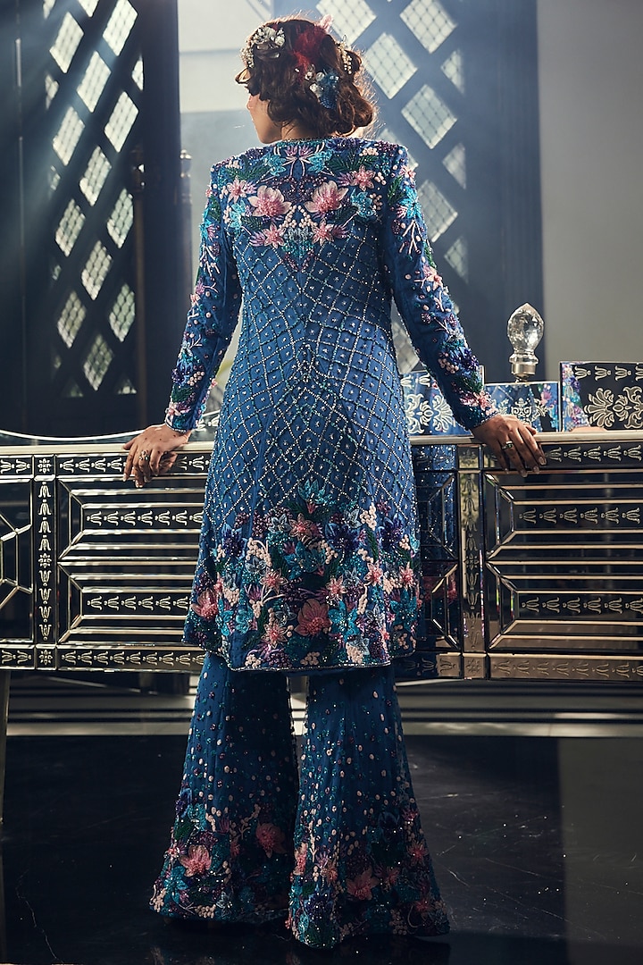 Teal Blue Tulle Embroidered Jacket Set by AMIT GT at Pernia's Pop Up Shop