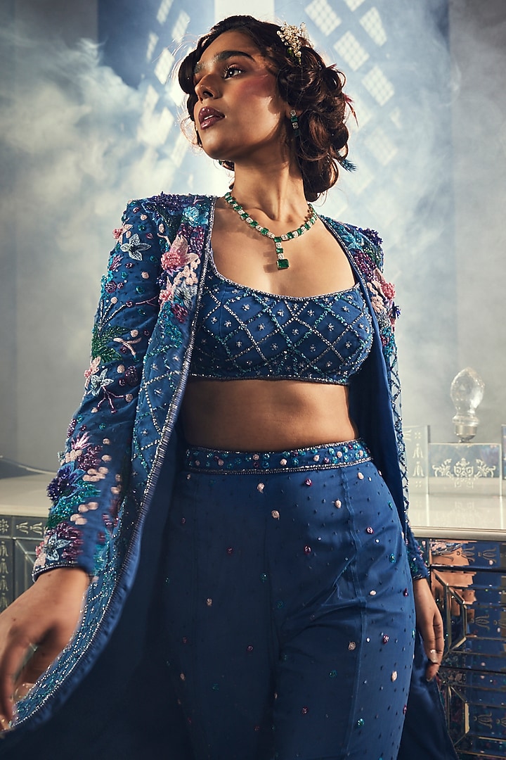 Teal Blue Tulle Embroidered Jacket Set by AMIT GT at Pernia's Pop Up Shop