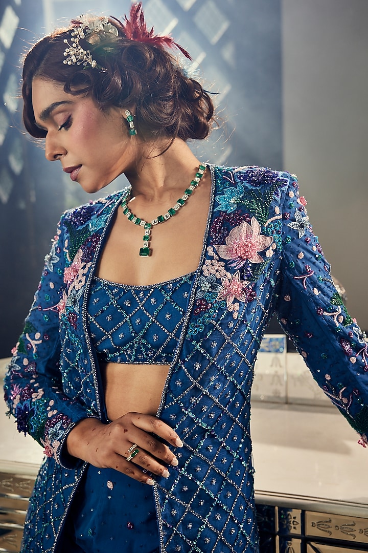 Teal Blue Tulle Embroidered Jacket Set by AMIT GT at Pernia's Pop Up Shop