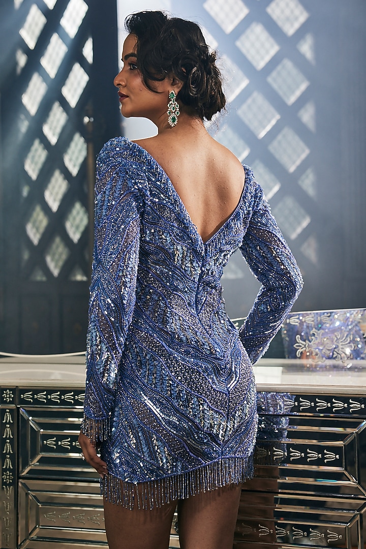 Blue Tulle Embroidered Party Wear Dress by AMIT GT at Pernia's Pop Up Shop