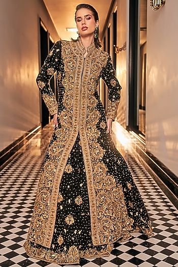 Black Tulle Hand Embroidered Jacket Bridal Lehenga by AMIT GT at Pernia's Pop Up Shop