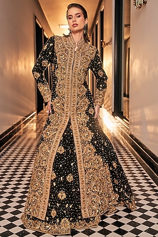 Black Tulle Hand Embroidered Jacket Lehenga by AMIT GT