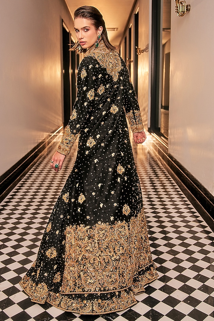 Black Tulle Hand Embroidered Jacket Bridal Lehenga by AMIT GT at Pernia's Pop Up Shop