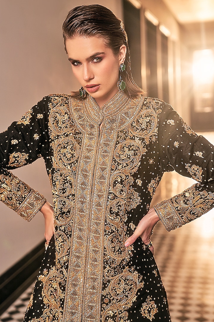 Black Tulle Hand Embroidered Jacket Bridal Lehenga by AMIT GT at Pernia's Pop Up Shop
