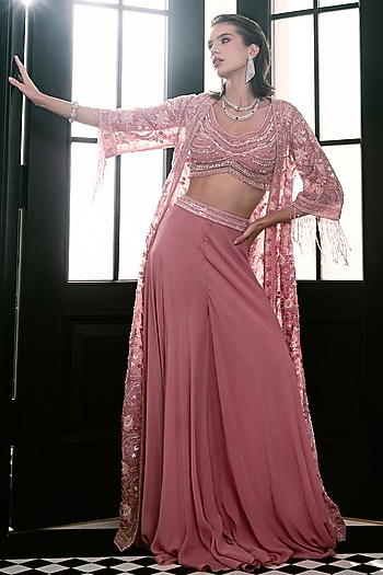 Pink Tulle Tassel Embroidered Cape Set by AMIT GT at Pernia's Pop Up Shop