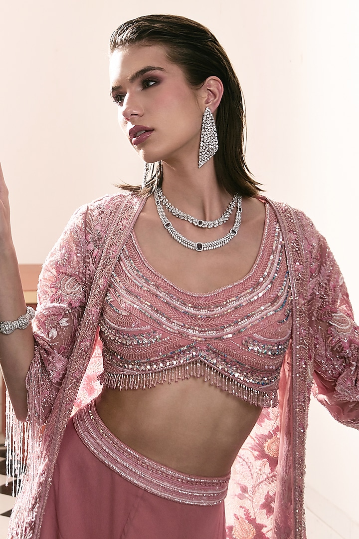 Pink Tulle Tassel Embroidered Cape Set by AMIT GT at Pernia's Pop Up Shop