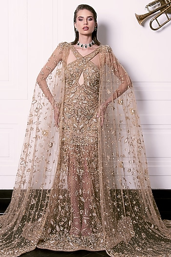 Golden Tulle Motif Hand Embroidered Bridal Gown With Cape & Overskirt by AMIT GT at Pernia's Pop Up Shop