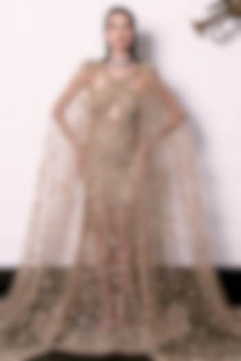 Golden Tulle Motif Hand Embroidered Gown With Cape & Overskirt by AMIT GT