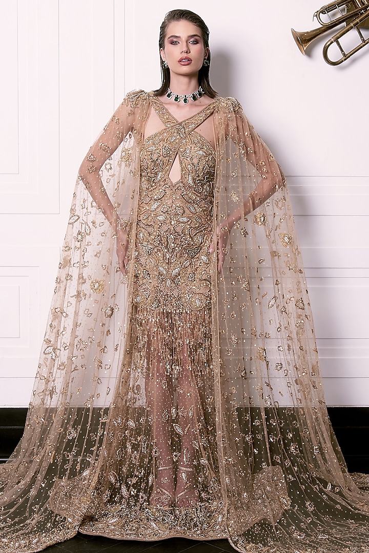 Golden Tulle Motif Hand Embroidered Gown With Cape & Overskirt by AMIT GT