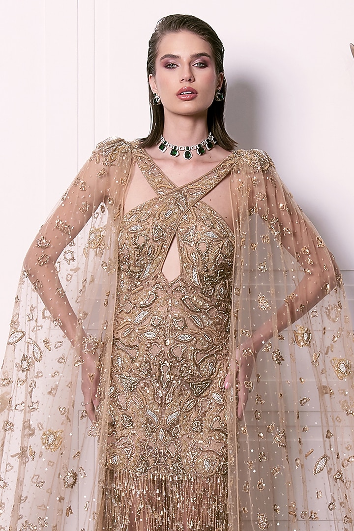 Golden Tulle Motif Hand Embroidered Bridal Gown With Cape & Overskirt by AMIT GT at Pernia's Pop Up Shop