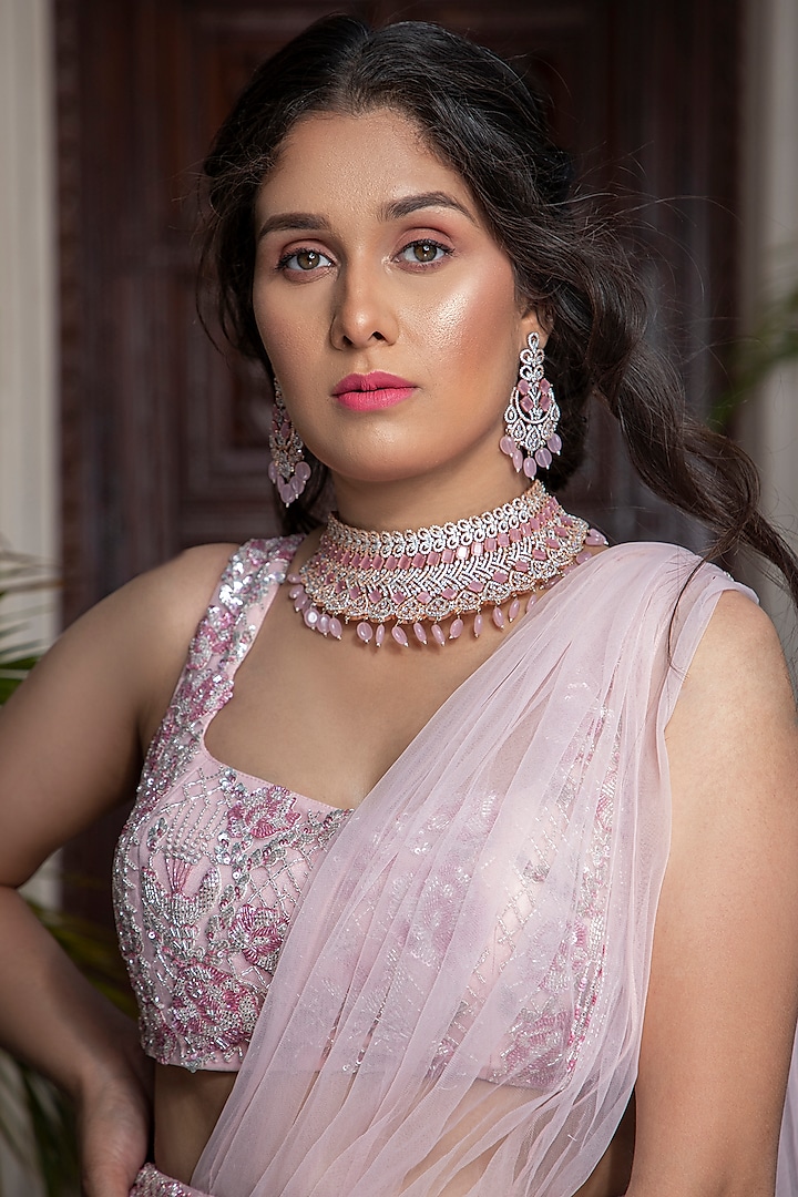 Light Pink Embroidered Draped Wedding Saree Set by AMIT GT at Pernia's Pop Up Shop