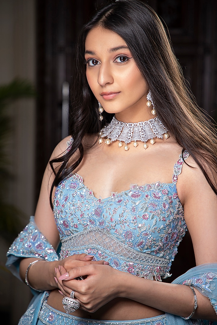 Powder Blue Embroidered Bridal Lehenga Set by AMIT GT at Pernia's Pop Up Shop