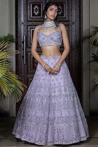 Mauve Hand Embroidered Lehenga Set by AMIT GT
