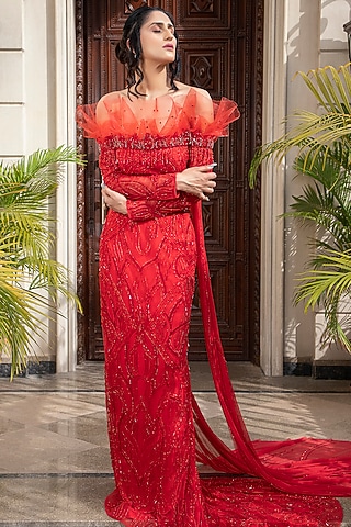 Red Embroidered Draped Lehenga Set by AMIT GT