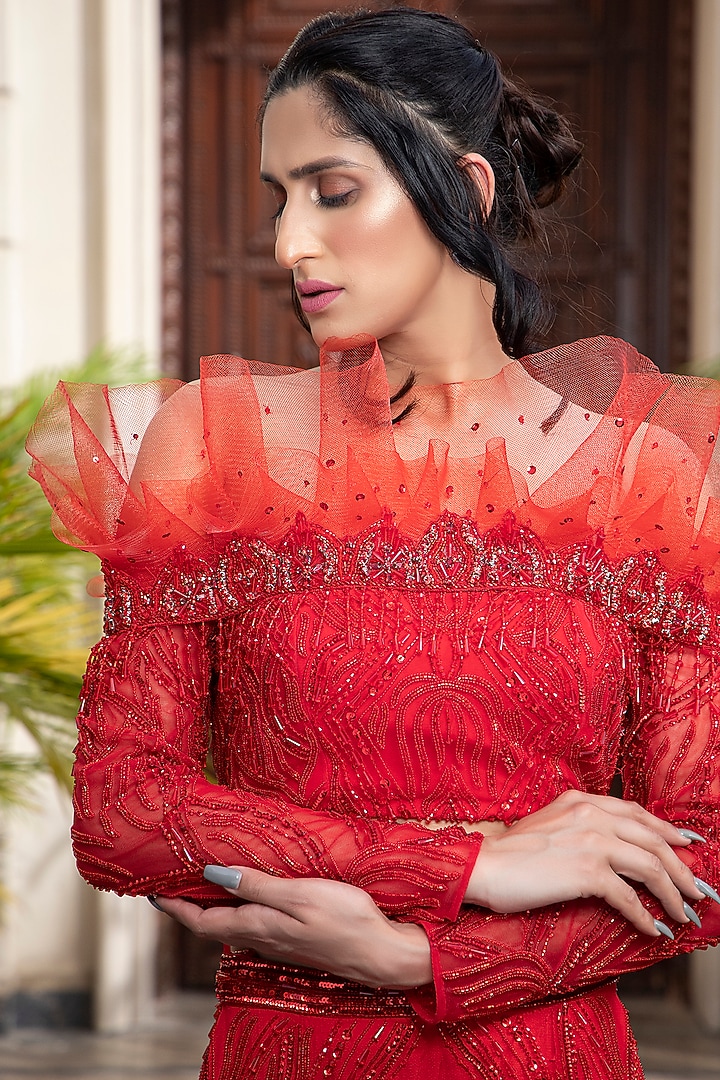 Red Embroidered Draped Bridal Lehenga Set by AMIT GT at Pernia's Pop Up Shop