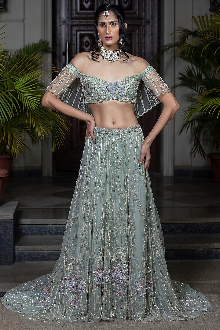 Sea Green Hand Embroidered Lehenga Set by AMIT GT