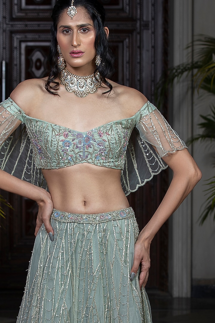 Sea Green Hand Embroidered Bridal Lehenga Set by AMIT GT at Pernia's Pop Up Shop