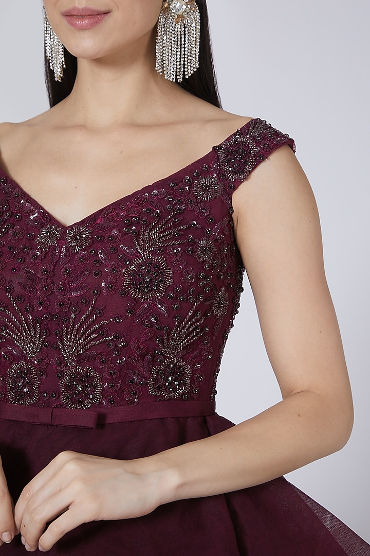 Maroon Embroidered Tiered Engagement Gown by Amit GT at Pernia's Pop Up Shop