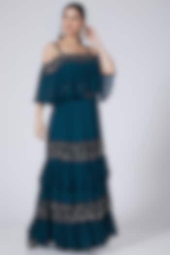 Cobalt Blue Embroidered Skirt Set by Amit GT